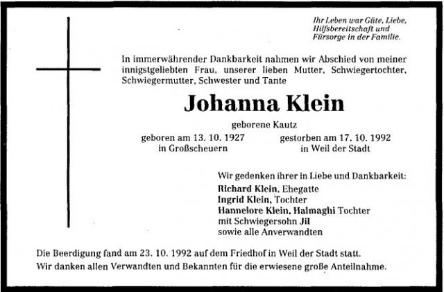 Kautz Johanna 1927-1992 Todesanzeige